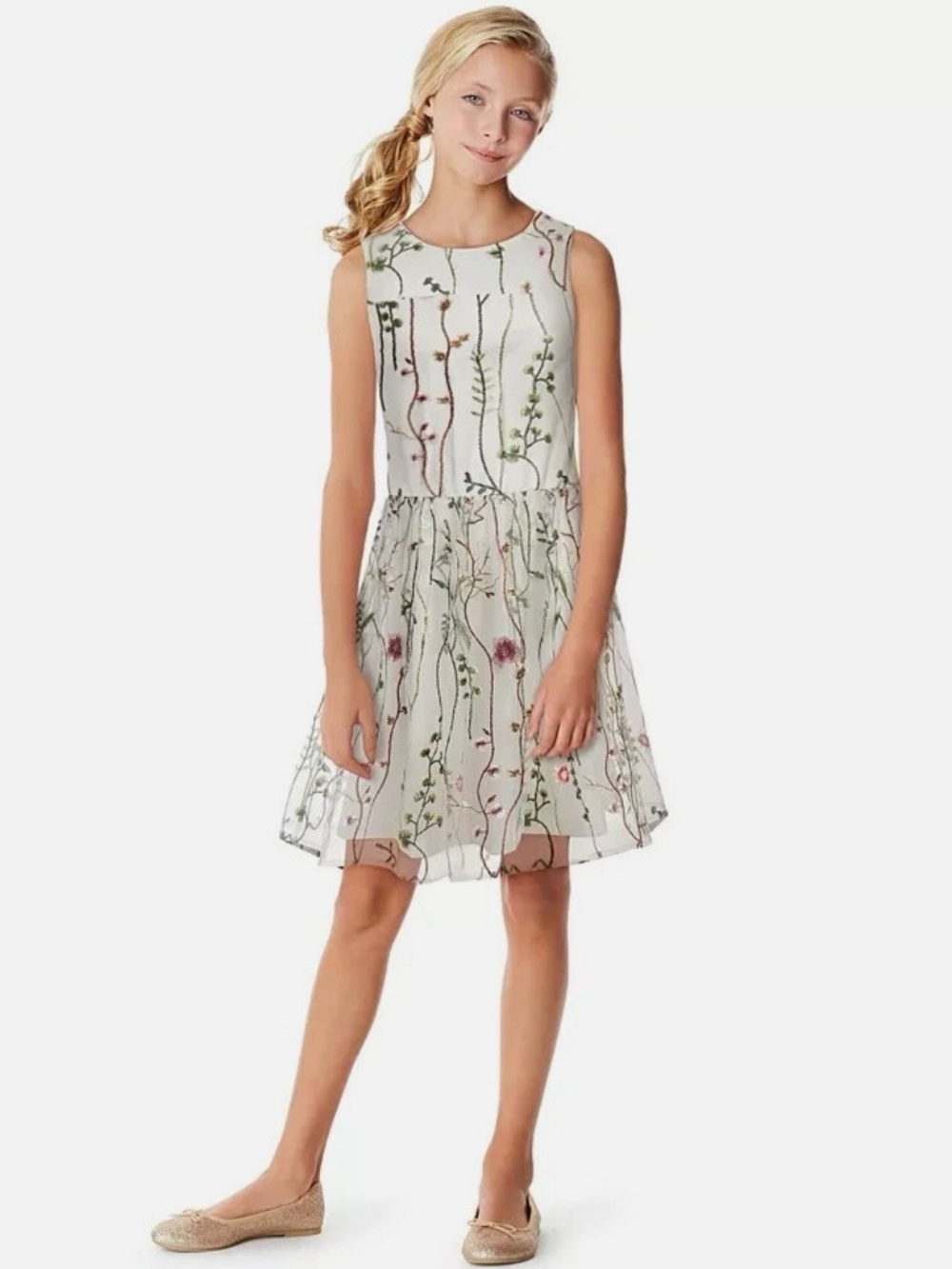 Calvin Klein White Mesh Dress with Green and Pink Floral Embroidery